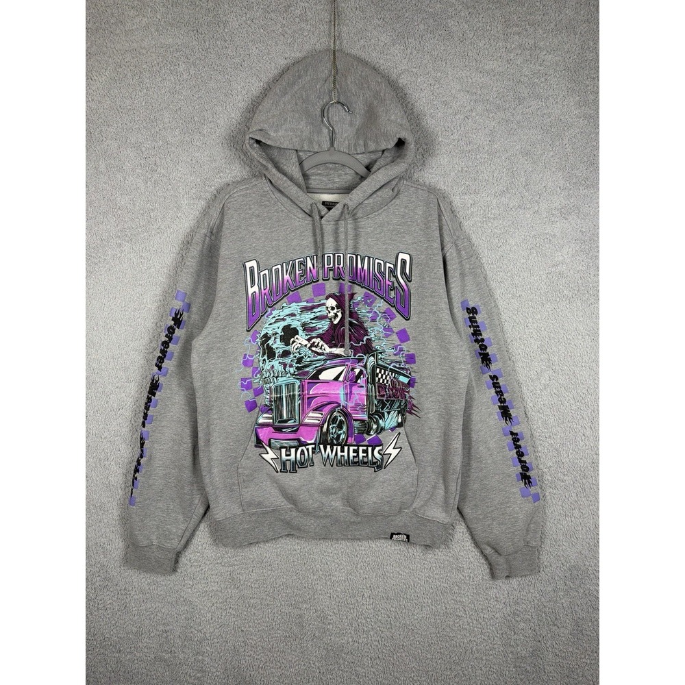 Hot Wheels x Broken Promises Hoodie Adult Size M Gray Sweatshirt Heavyweight